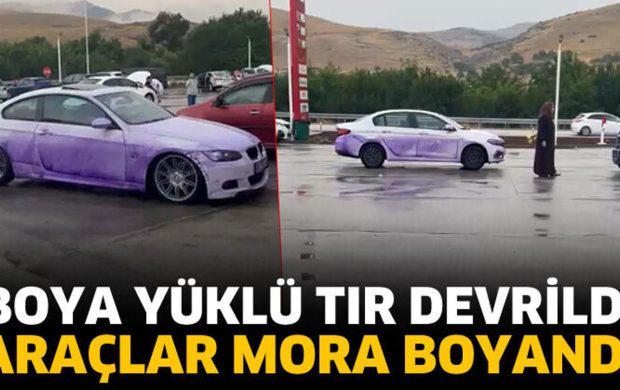 Boya yüklü TIR devrildi, yoldan geçen araçlar mora boyandı