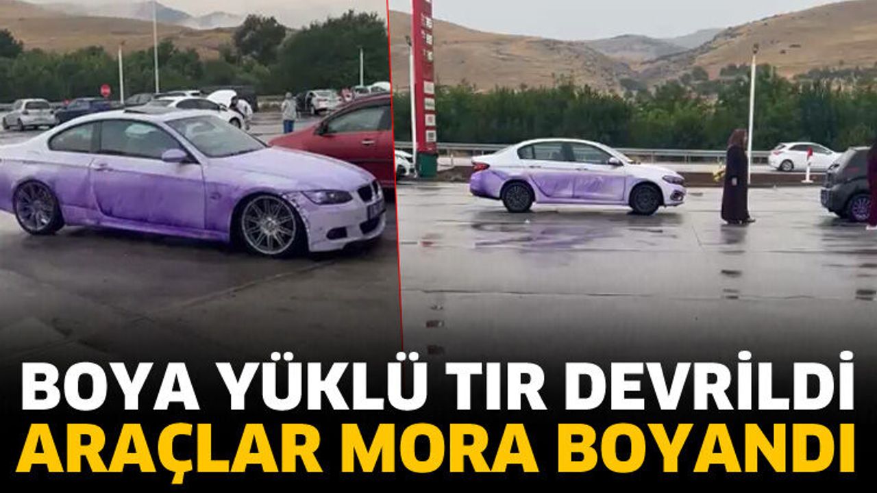 Boya yüklü TIR devrildi, yoldan geçen araçlar mora boyandı