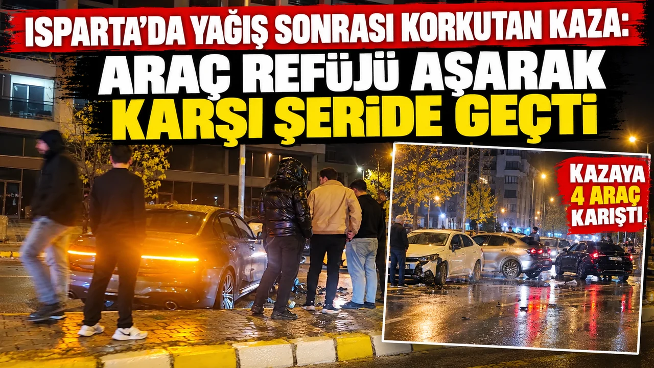 ISPARTA’DA YAĞIŞ SONRASI KORKUTAN KAZA: ARAÇ REFÜJÜ AŞARAK KARŞI ŞERİDE GEÇTİ